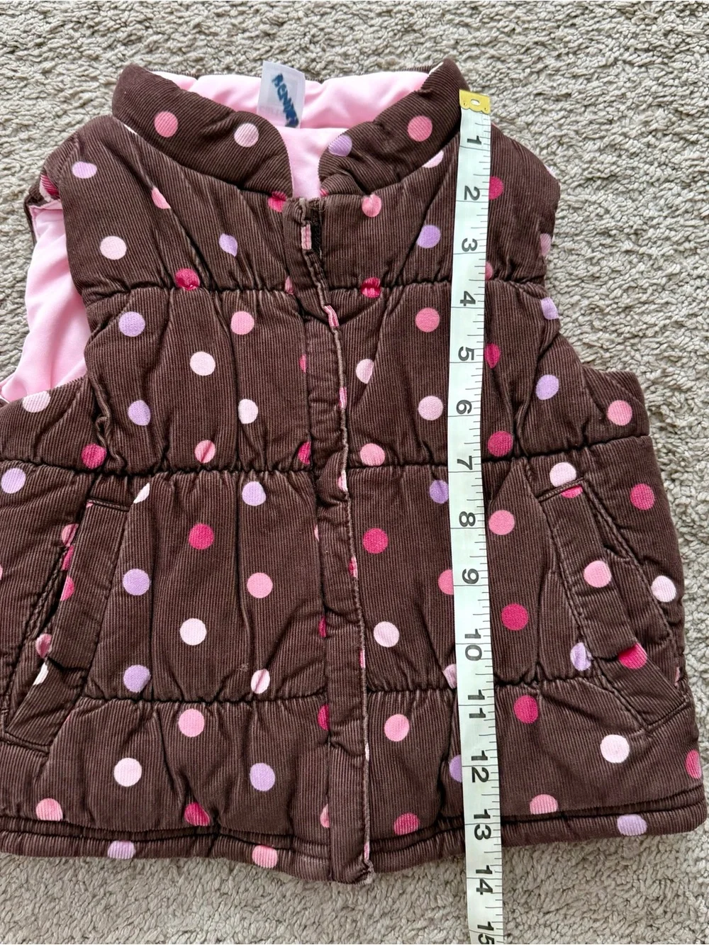 CARTERS Girls Vest Brown Pink Polka Dot Puffer Zip Up Sz 2T with Pockets